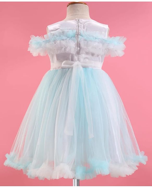 Babyhug Woven Sleeveless Party Dress With Sequinned & Ruffled Yoke - Light Blue