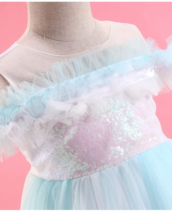 Babyhug Woven Sleeveless Party Dress With Sequinned & Ruffled Yoke - Light Blue