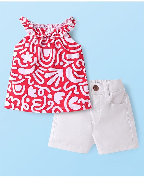 Babyhug Single Jersey Knit Sleeveless Printed Top & Denim Shorts Set - Red