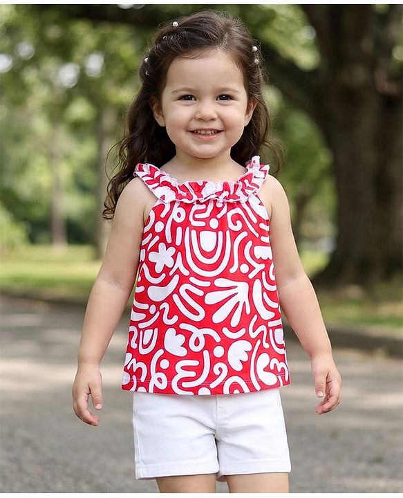 Babyhug Single Jersey Knit Sleeveless Printed Top & Denim Shorts Set - Red