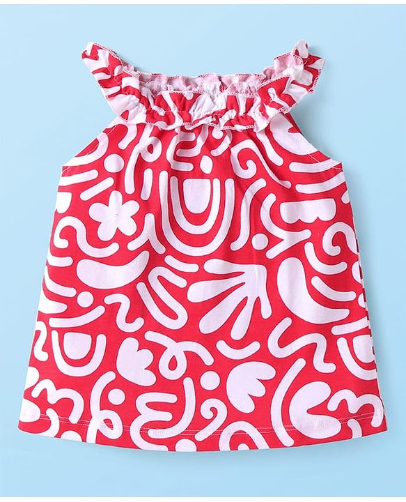 Babyhug Single Jersey Knit Sleeveless Printed Top & Denim Shorts Set - Red
