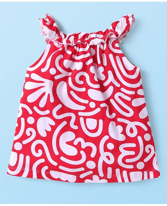 Babyhug Single Jersey Knit Sleeveless Printed Top & Denim Shorts Set - Red