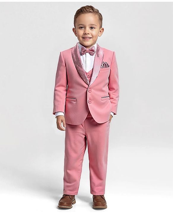 Babyhug Knit Full Sleeves Solid Color 4 Piece Party Suit with Bow & Sequin Applique - Pink