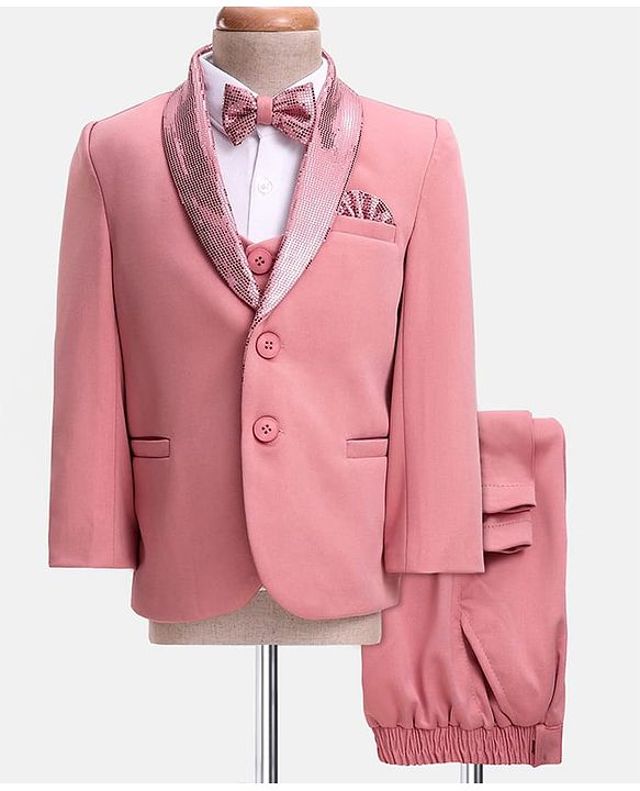 Babyhug Knit Full Sleeves Solid Color 4 Piece Party Suit with Bow & Sequin Applique - Pink