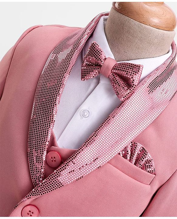 Babyhug Knit Full Sleeves Solid Color 4 Piece Party Suit with Bow & Sequin Applique - Pink