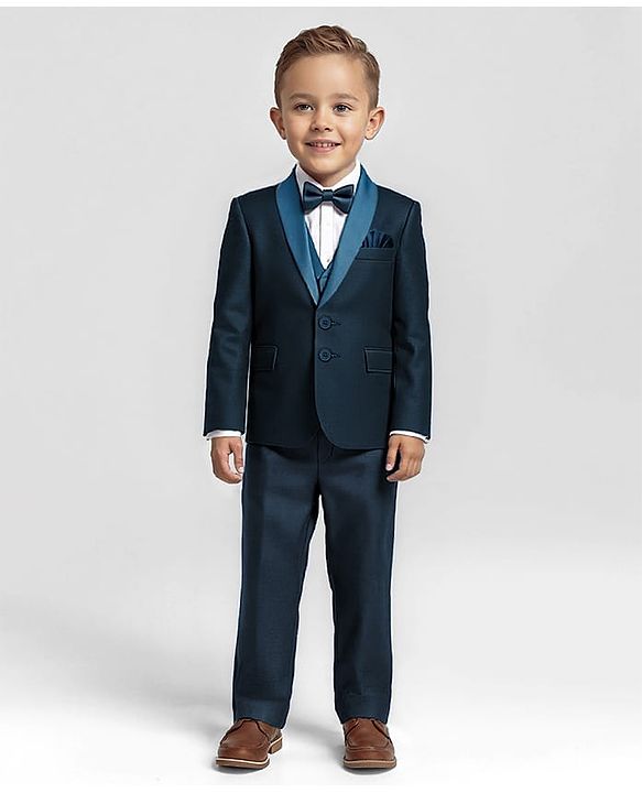 Babyhug Woven Full Sleeves Solid 4 Piece Party Suit With Bow - Navy Blue