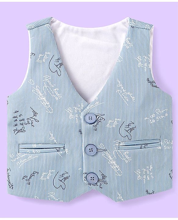Babyhug Woven Full Sleeves Text Printed 3 Piece Party Suit with Bow Suspender & Hat - Light Blue