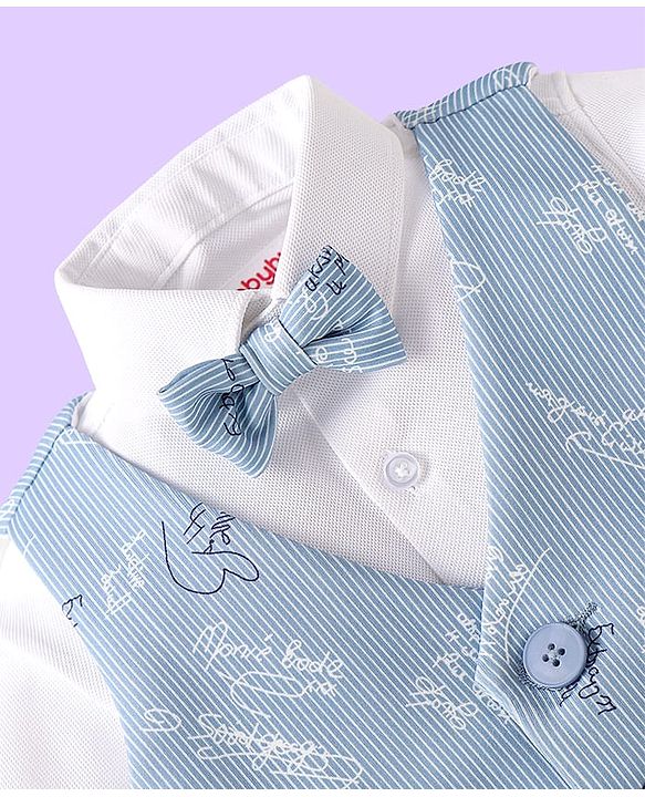 Babyhug Woven Full Sleeves Text Printed 3 Piece Party Suit with Bow Suspender & Hat - Light Blue