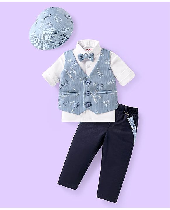Babyhug Woven Full Sleeves Text Printed 3 Piece Party Suit with Bow Suspender & Hat - Light Blue