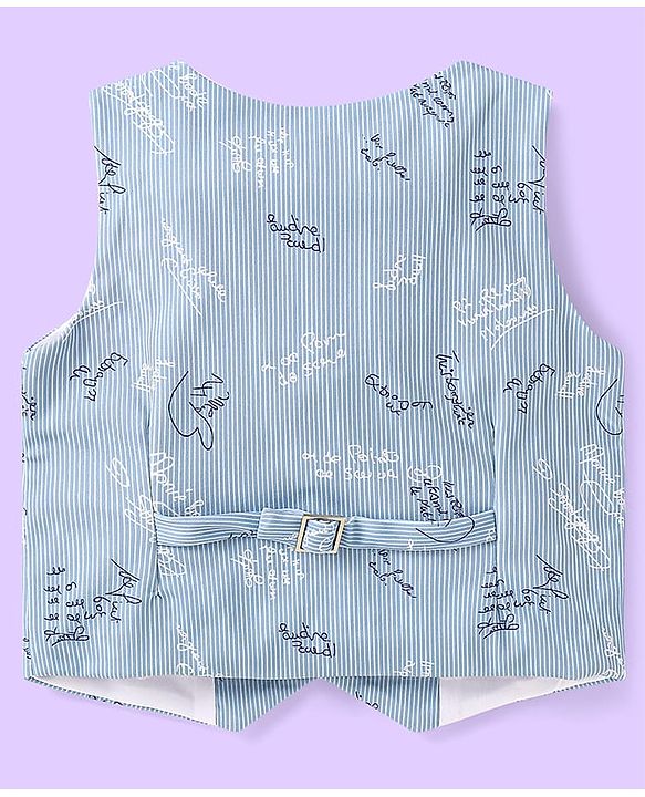 Babyhug Woven Full Sleeves Text Printed 3 Piece Party Suit with Bow Suspender & Hat - Light Blue