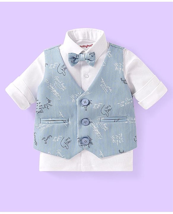 Babyhug Woven Full Sleeves Text Printed 3 Piece Party Suit with Bow Suspender & Hat - Light Blue