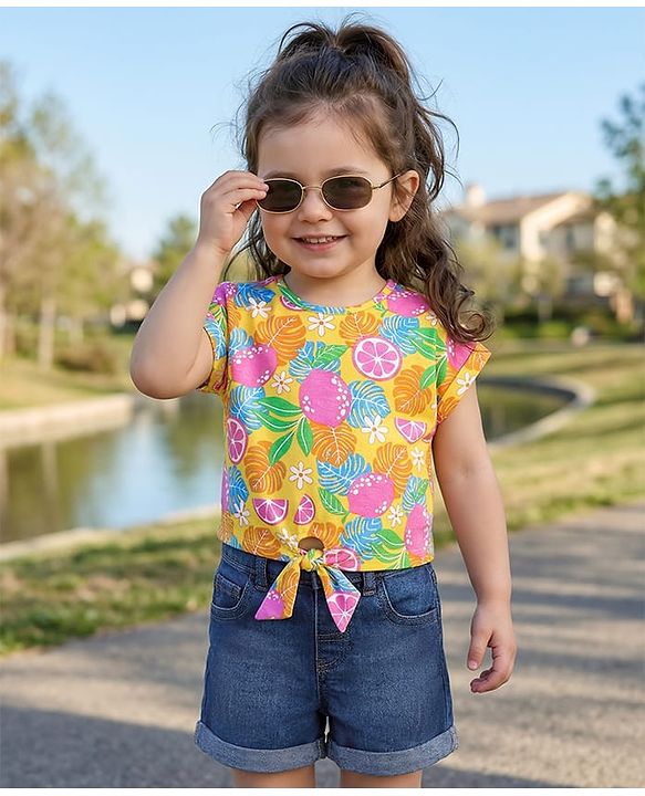 Babyhug Single Jersey Knit Half Sleeves Tropical Theme Printed Top & Solid Denim Shorts Set - Yellow & Blue