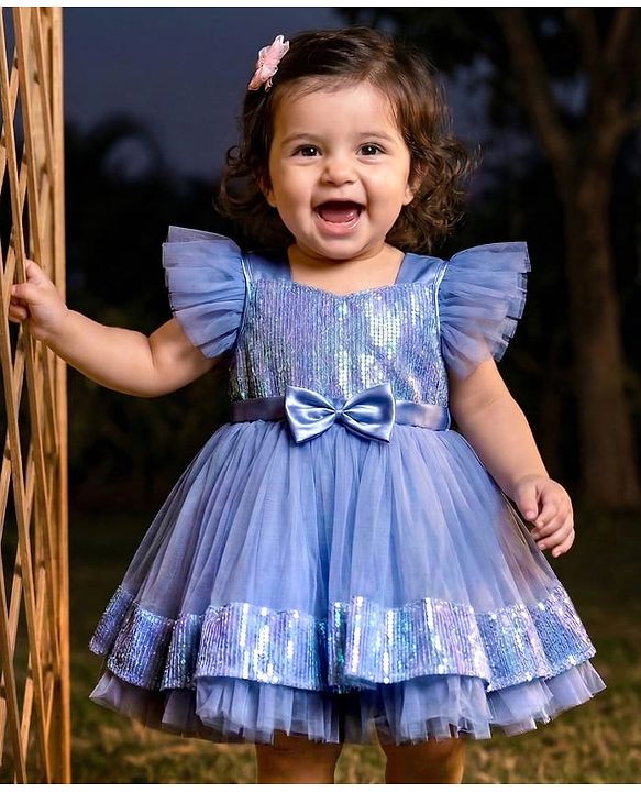 Babyhug Woven Frill Sleeves Fit & Flare Party Dress with Sequinned Yoke & Bow Applique - Blue