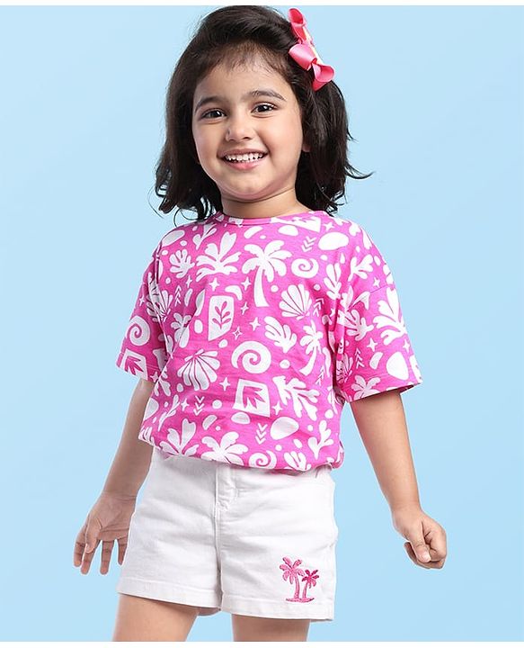 Babyhug Single Jersey Denim Half Sleeves Top & Shorts Set with Beach Theme Print - White & Pink