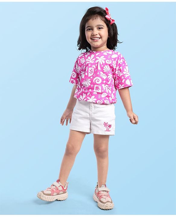 Babyhug Single Jersey Denim Half Sleeves Top & Shorts Set with Beach Theme Print - White & Pink