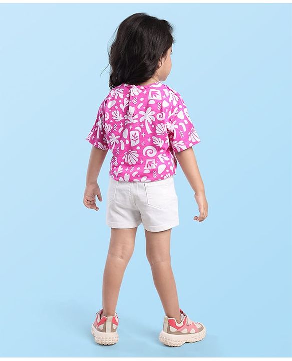 Babyhug Single Jersey Denim Half Sleeves Top & Shorts Set with Beach Theme Print - White & Pink