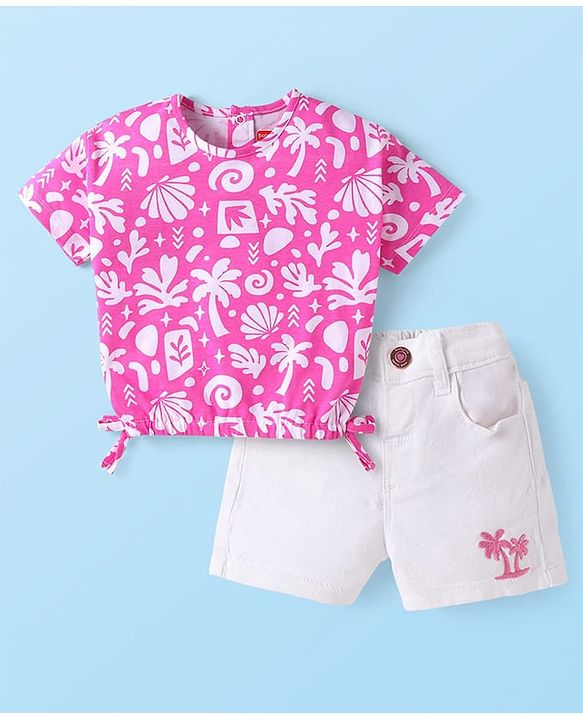 Babyhug Single Jersey Denim Half Sleeves Top & Shorts Set with Beach Theme Print - White & Pink