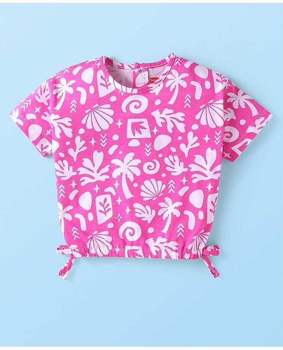 Babyhug Single Jersey Denim Half Sleeves Top & Shorts Set with Beach Theme Print - White & Pink