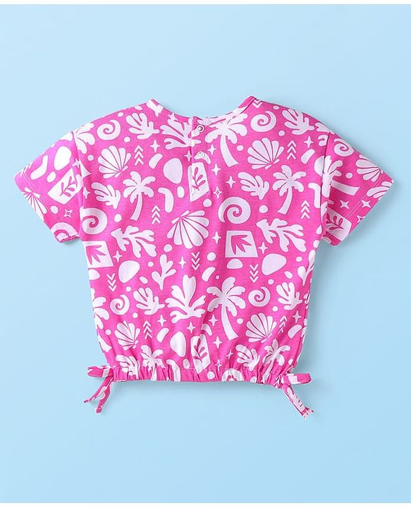Babyhug Single Jersey Denim Half Sleeves Top & Shorts Set with Beach Theme Print - White & Pink