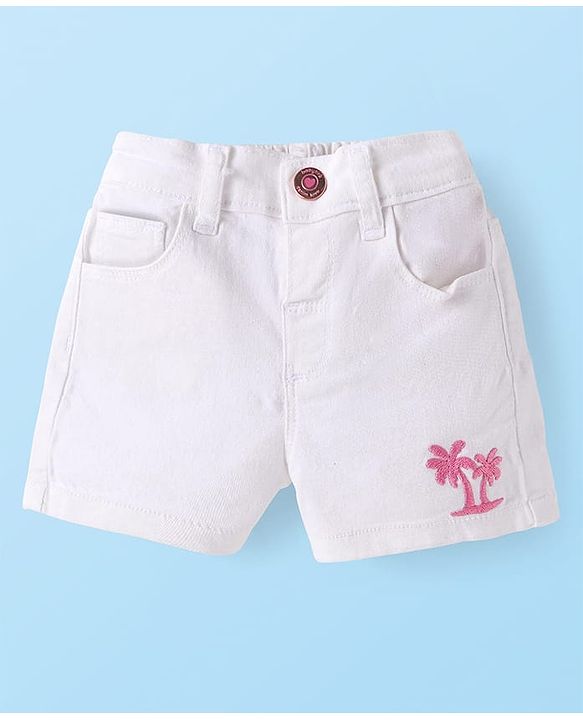 Babyhug Single Jersey Denim Half Sleeves Top & Shorts Set with Beach Theme Print - White & Pink