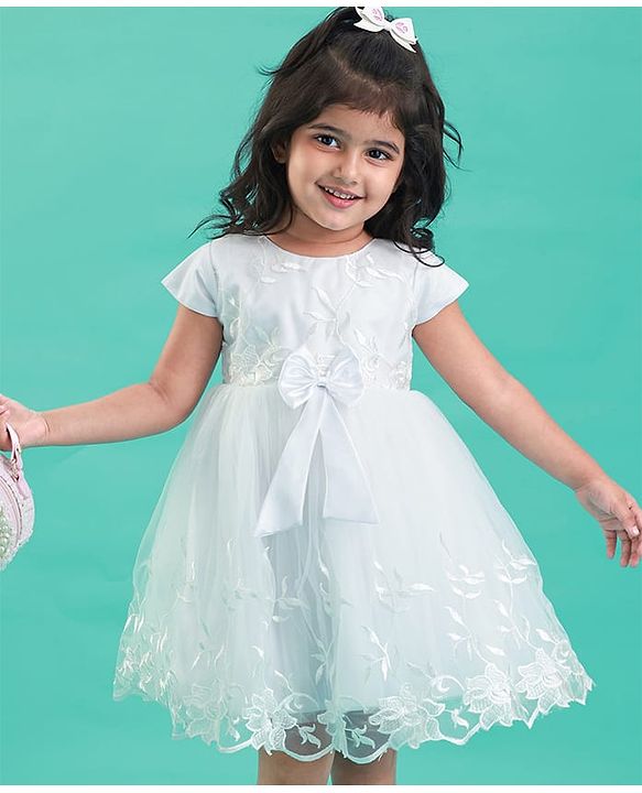 Babyhug Woven Cap Sleeves Party Dress With Floral Embroidery & Bow Applique - White