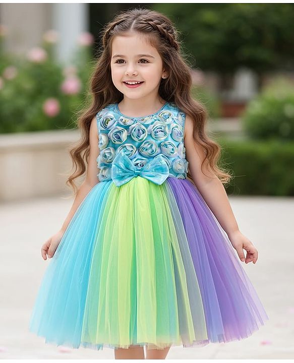 Babyhug Woven Sleeveless Fit & Flare Mesh Party Dress with Bow & Floral Applique - Purple & Light Blue