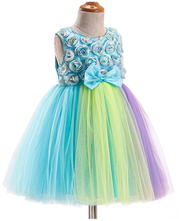 Babyhug Woven Sleeveless Fit & Flare Mesh Party Dress with Bow & Floral Applique - Purple & Light Blue