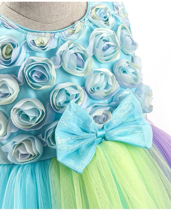 Babyhug Woven Sleeveless Fit & Flare Mesh Party Dress with Bow & Floral Applique - Purple & Light Blue