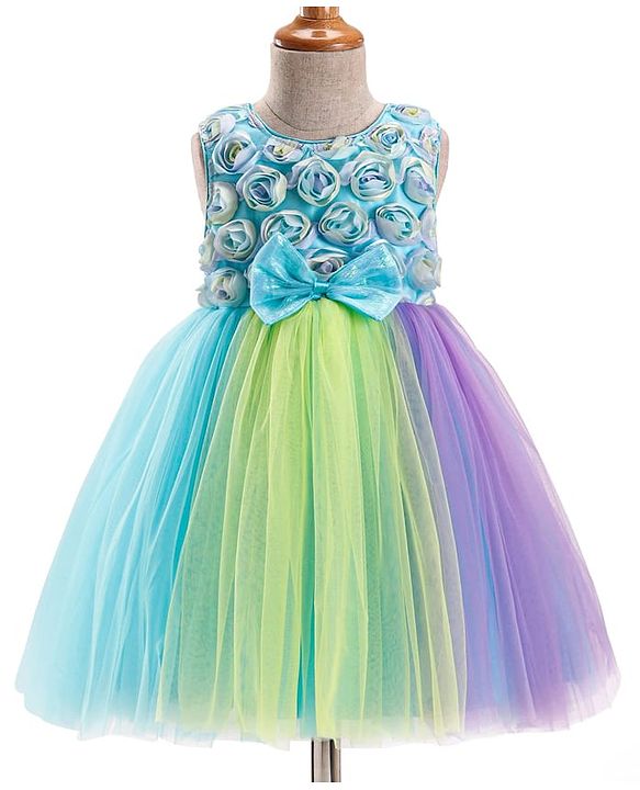 Babyhug Woven Sleeveless Fit & Flare Mesh Party Dress with Bow & Floral Applique - Purple & Light Blue