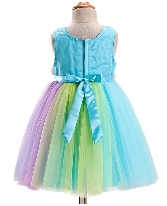 Babyhug Woven Sleeveless Fit & Flare Mesh Party Dress with Bow & Floral Applique - Purple & Light Blue