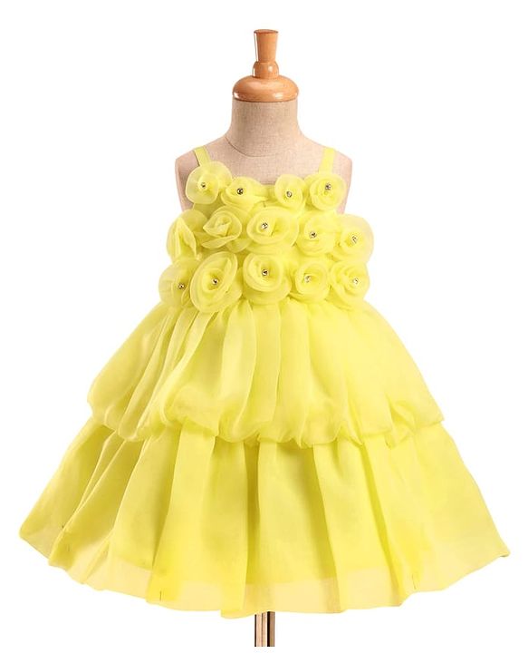 Babyhug Woven Sleeveless Tiered Party Frock with 3D Flower Applique on Yoke - Yellow