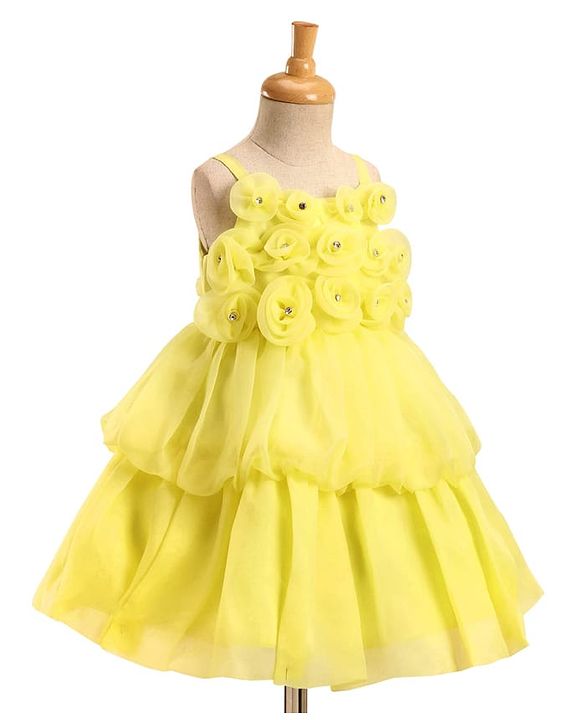 Babyhug Woven Sleeveless Tiered Party Frock with 3D Flower Applique on Yoke - Yellow