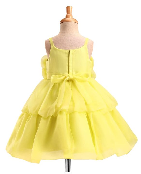 Babyhug Woven Sleeveless Tiered Party Frock with 3D Flower Applique on Yoke - Yellow