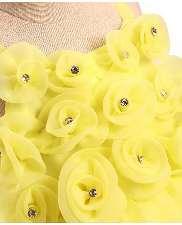 Babyhug Woven Sleeveless Tiered Party Frock with 3D Flower Applique on Yoke - Yellow