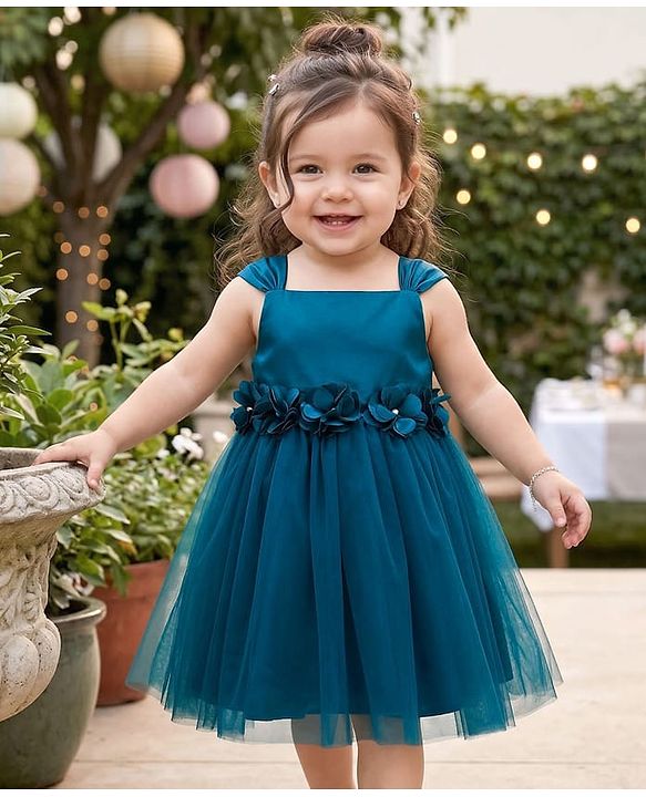Babyhug Woven Sleeveless Fit & Flare Party Dress with Floral Corsage - Teal Blue