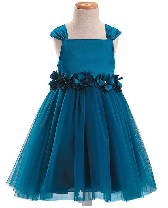 Babyhug Woven Sleeveless Fit & Flare Party Dress with Floral Corsage - Teal Blue