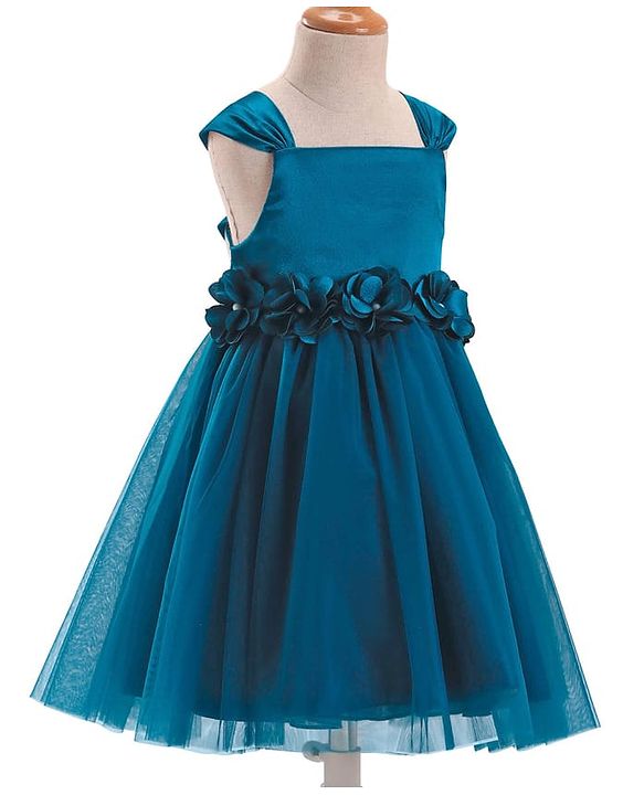 Babyhug Woven Sleeveless Fit & Flare Party Dress with Floral Corsage - Teal Blue