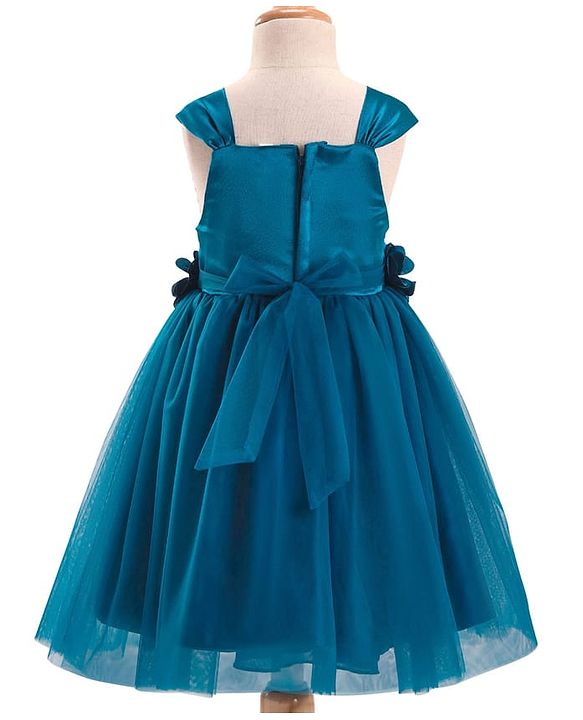 Babyhug Woven Sleeveless Fit & Flare Party Dress with Floral Corsage - Teal Blue