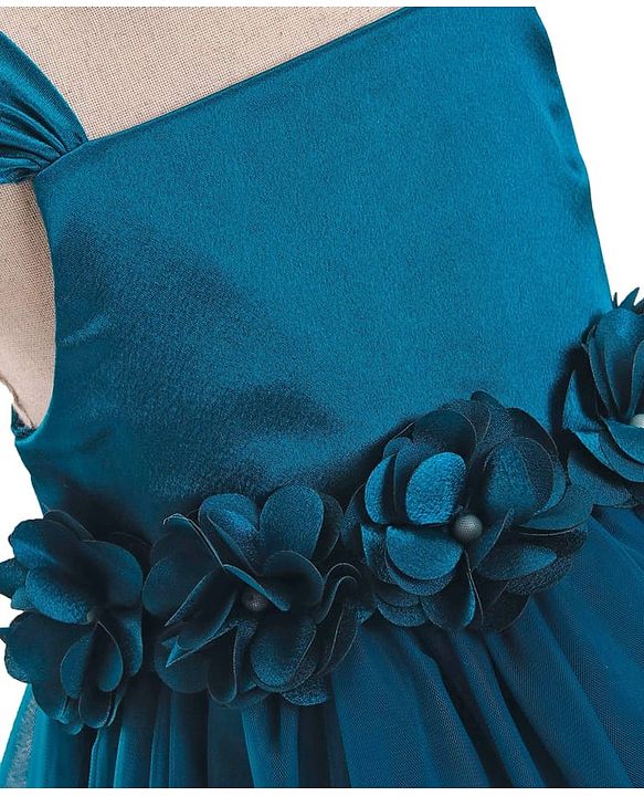 Babyhug Woven Sleeveless Fit & Flare Party Dress with Floral Corsage - Teal Blue
