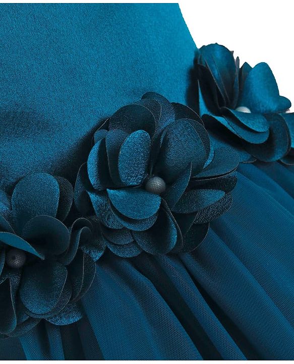 Babyhug Woven Sleeveless Fit & Flare Party Dress with Floral Corsage - Teal Blue