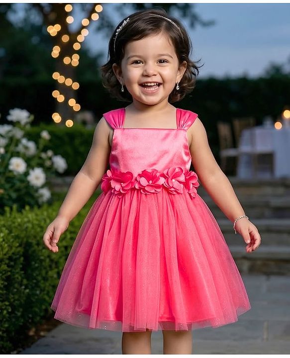 Babyhug Woven Sleeveless Fit & Flare Party Frock with Straps & Floral Applique - Dark Pink