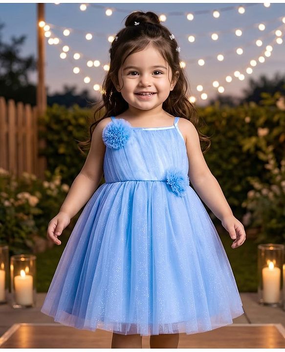 Babyhug Woven Sleeveless Mesh Party Dress With Floral Corsage - Light Blue