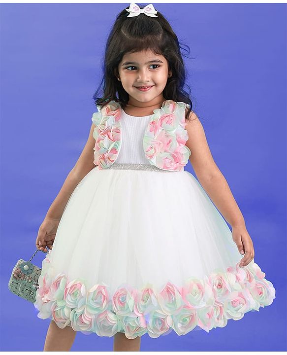 Babyhug Woven Sleeveless Party Dress With Floral 3D Applique & Glitter Print - White