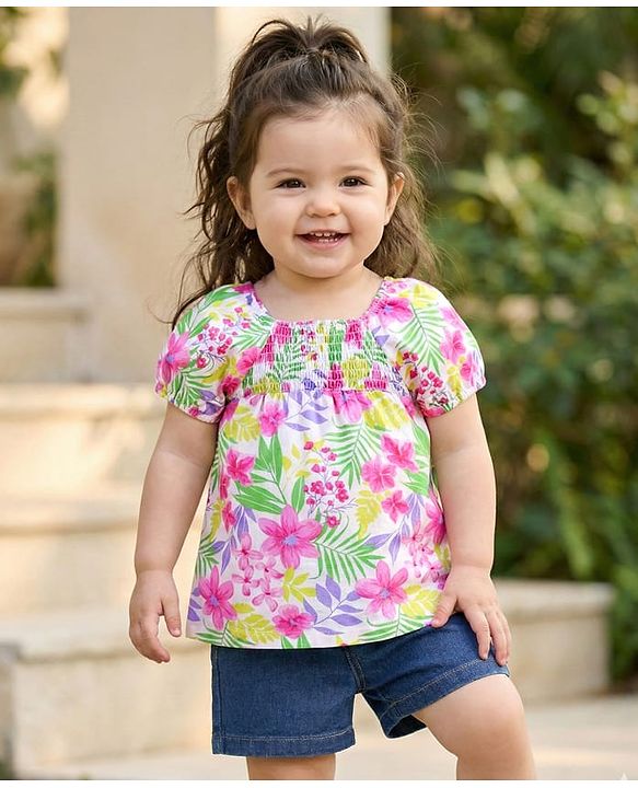 Babyhug Single Jersey Knit Half Sleeves Floral Printed Top & Solid Denim Shorts Set - White & Blue