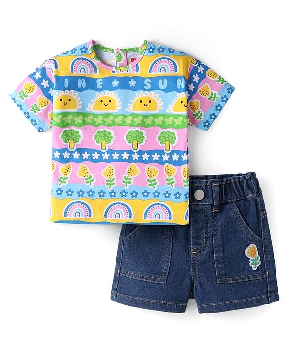 Babyhug Single Jersey Knit Half Sleeves Printed Top & Floral Embroidered Denim Shorts Set - Blue
