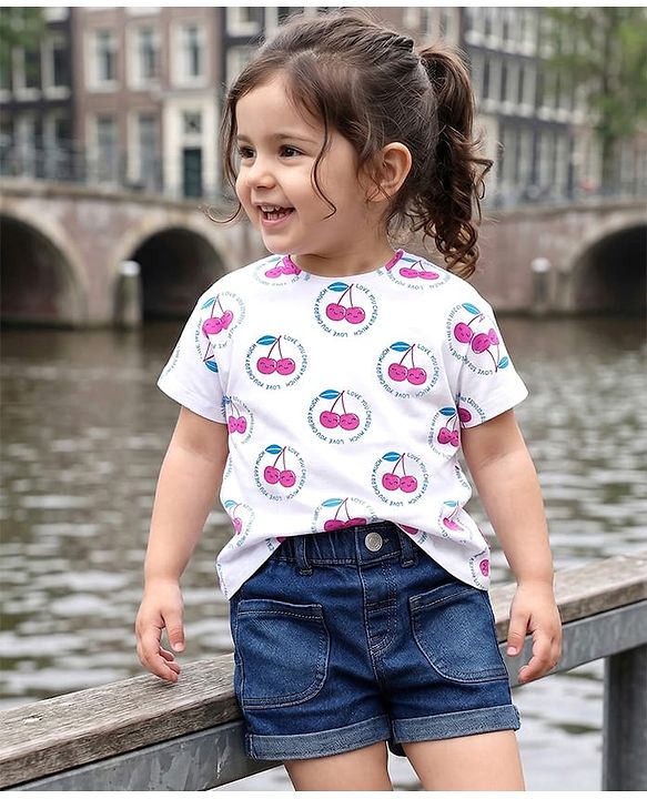 Babyhug Terry Knit Half Sleeves T-Shirt & Shorts Set With Cherry Print - White & Navy Blue