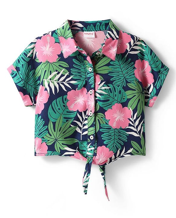 Babyhug Rayon Woven Half Sleeves Front Open Top & Denim Shorts Set With Floral Print & Embroidery - Navy Blue