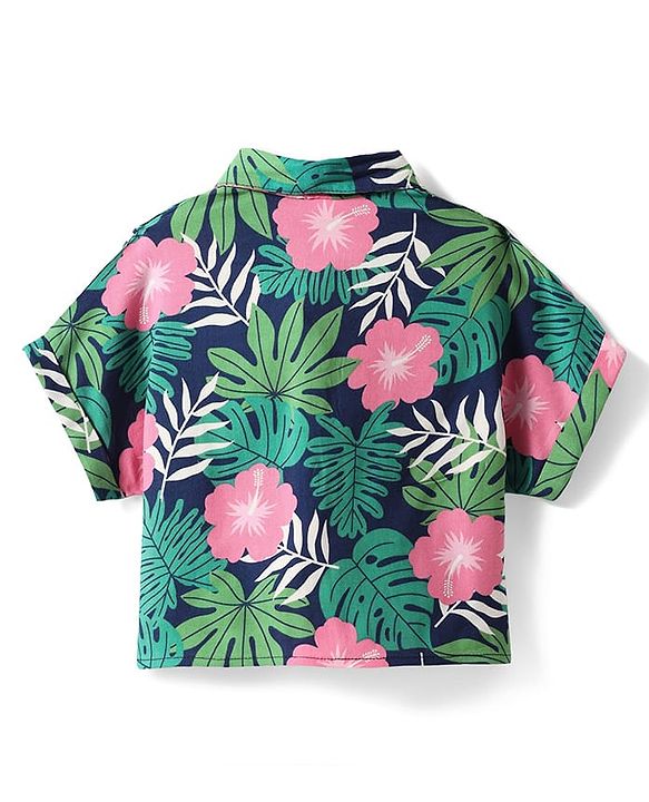 Babyhug Rayon Woven Half Sleeves Front Open Top & Denim Shorts Set With Floral Print & Embroidery - Navy Blue