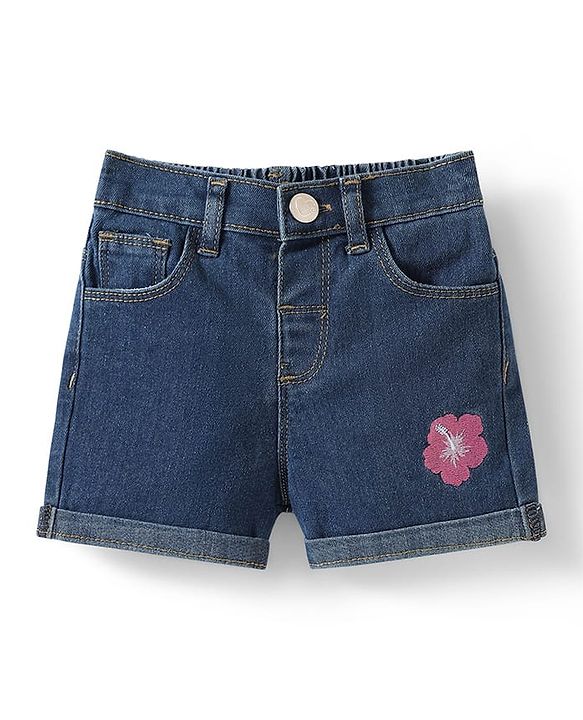 Babyhug Rayon Woven Half Sleeves Front Open Top & Denim Shorts Set With Floral Print & Embroidery - Navy Blue