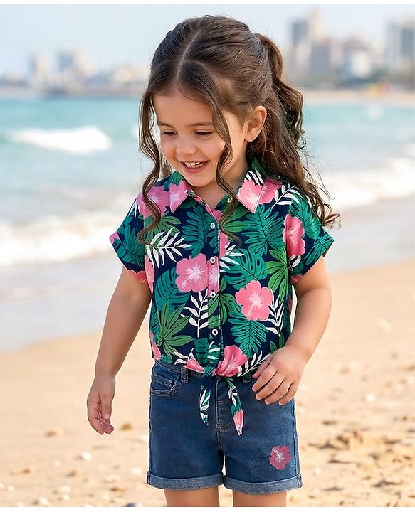 Babyhug Rayon Woven Half Sleeves Front Open Top & Denim Shorts Set With Floral Print & Embroidery - Navy Blue